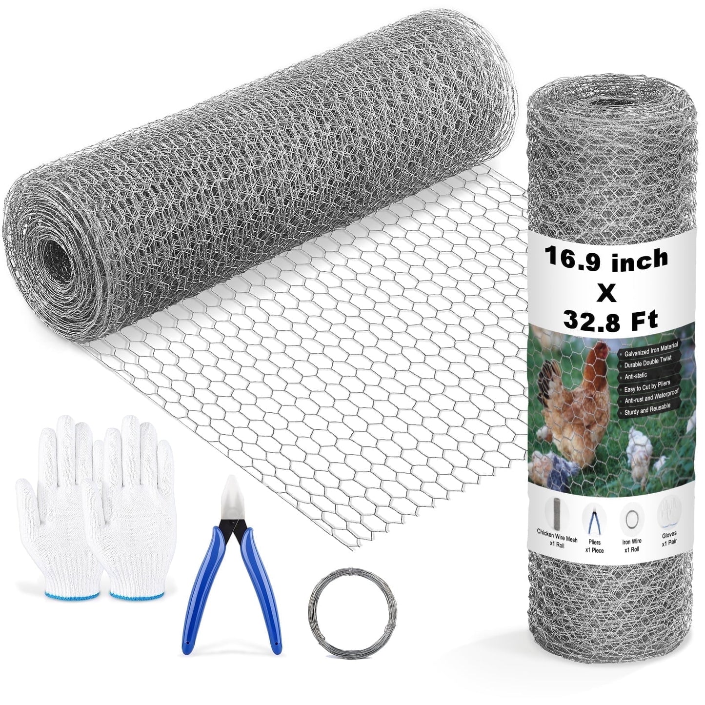Chicken Wire Mesh Roll, 16.9 Inch X 40 Feet Metal Floral Chicken Wire Fencing for Crafts Poultry Garden, 0.6 Inch Hexagonal Galvanized Hardware Cloth for Chicken Rabbit Cage Welding Fencing
