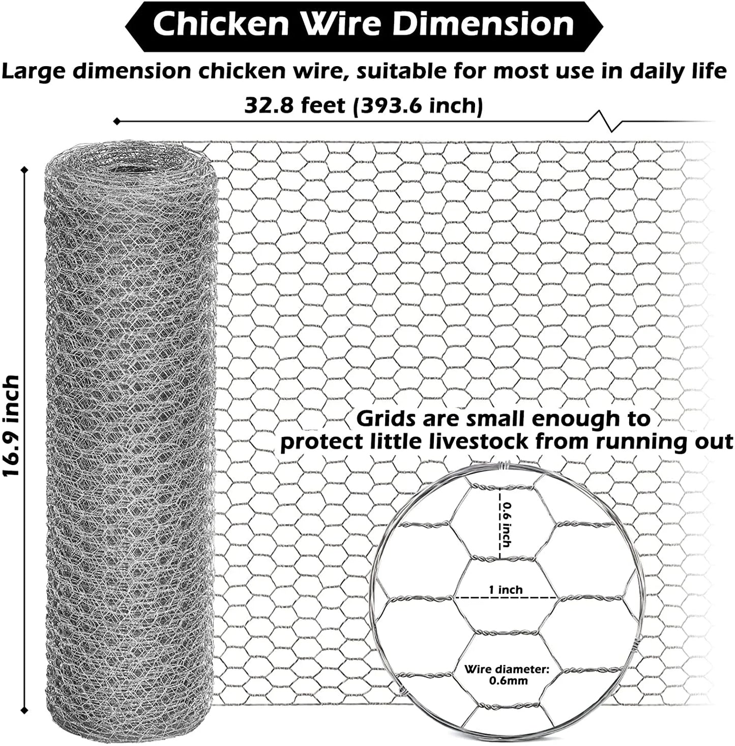 Chicken Wire Mesh Roll, 16.9 Inch X 40 Feet Metal Floral Chicken Wire Fencing for Crafts Poultry Garden, 0.6 Inch Hexagonal Galvanized Hardware Cloth for Chicken Rabbit Cage Welding Fencing