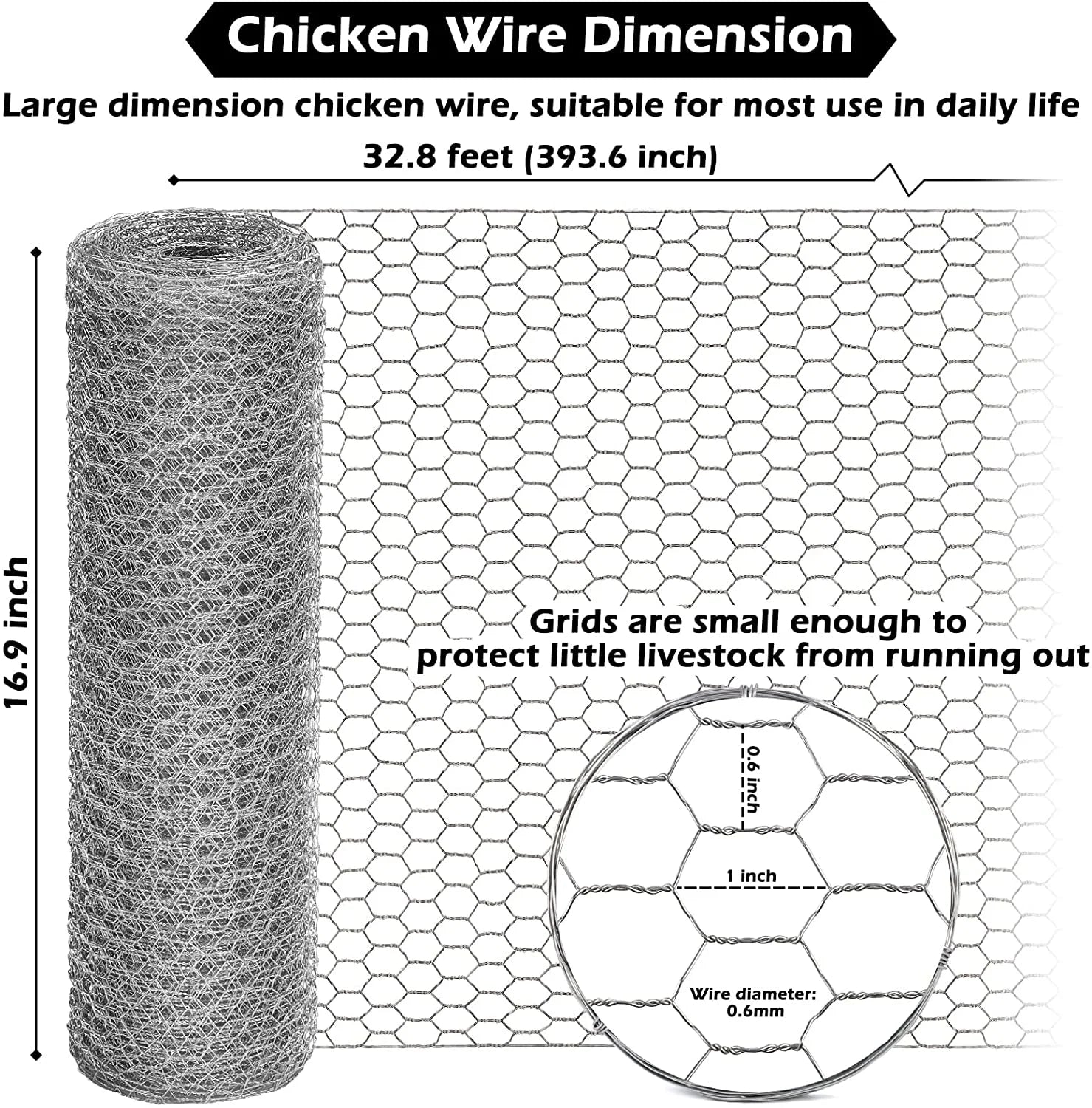Chicken Wire Mesh Roll, 16.9 Inch X 40 Feet Metal Floral Chicken Wire Fencing for Crafts Poultry Garden, 0.6 Inch Hexagonal Galvanized Hardware Cloth for Chicken Rabbit Cage Welding Fencing